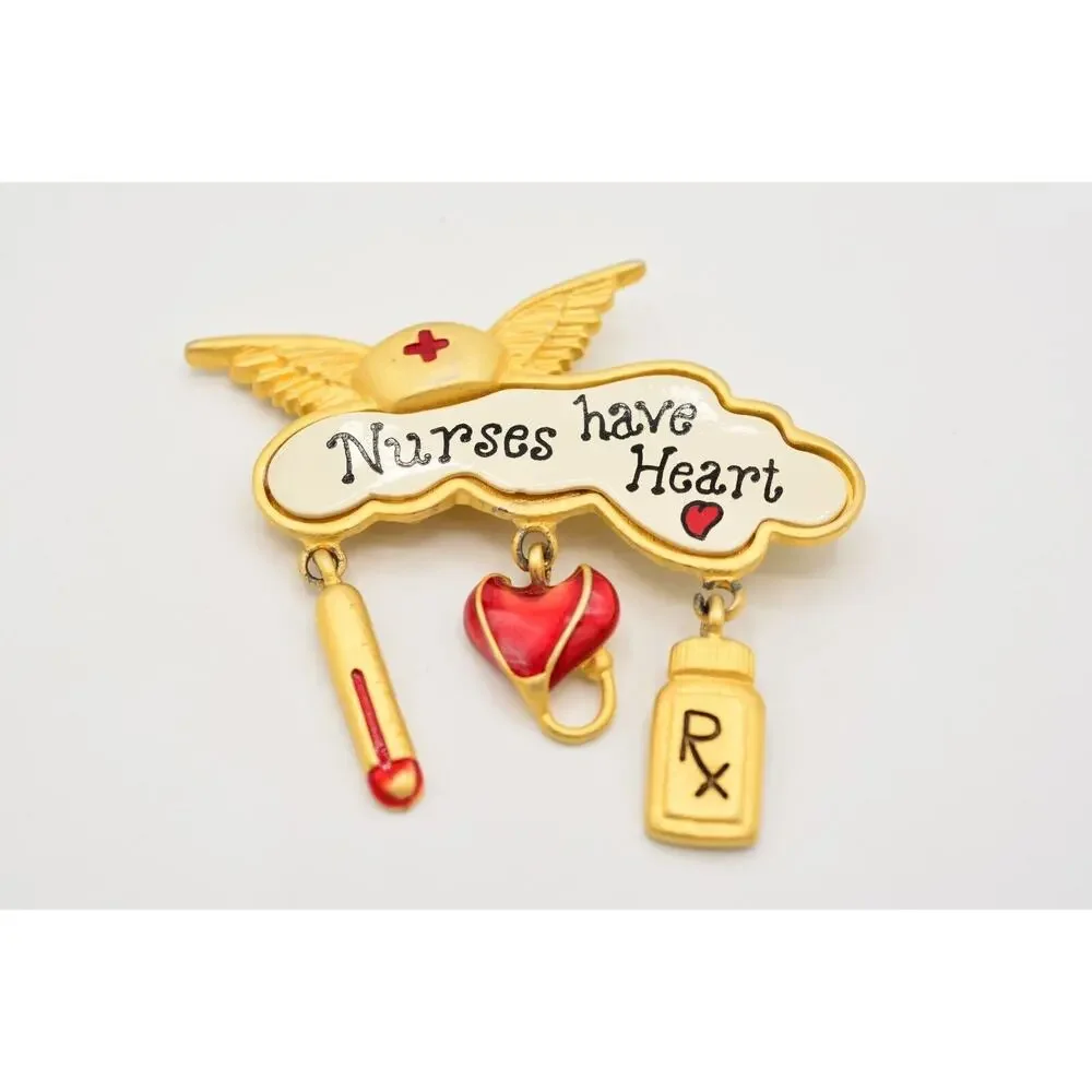 Tara Vintage Nurse Pin Brooch Gold Charms Nurses Have Heart Angel Signed BinAL